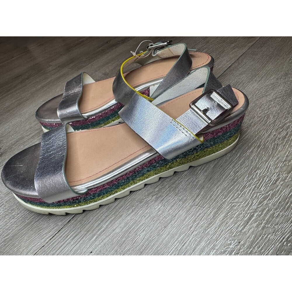 Metallic Silver Platform Sandals Rainbow Glitter Wedge Girls Size 5 - Picture 3 of 5